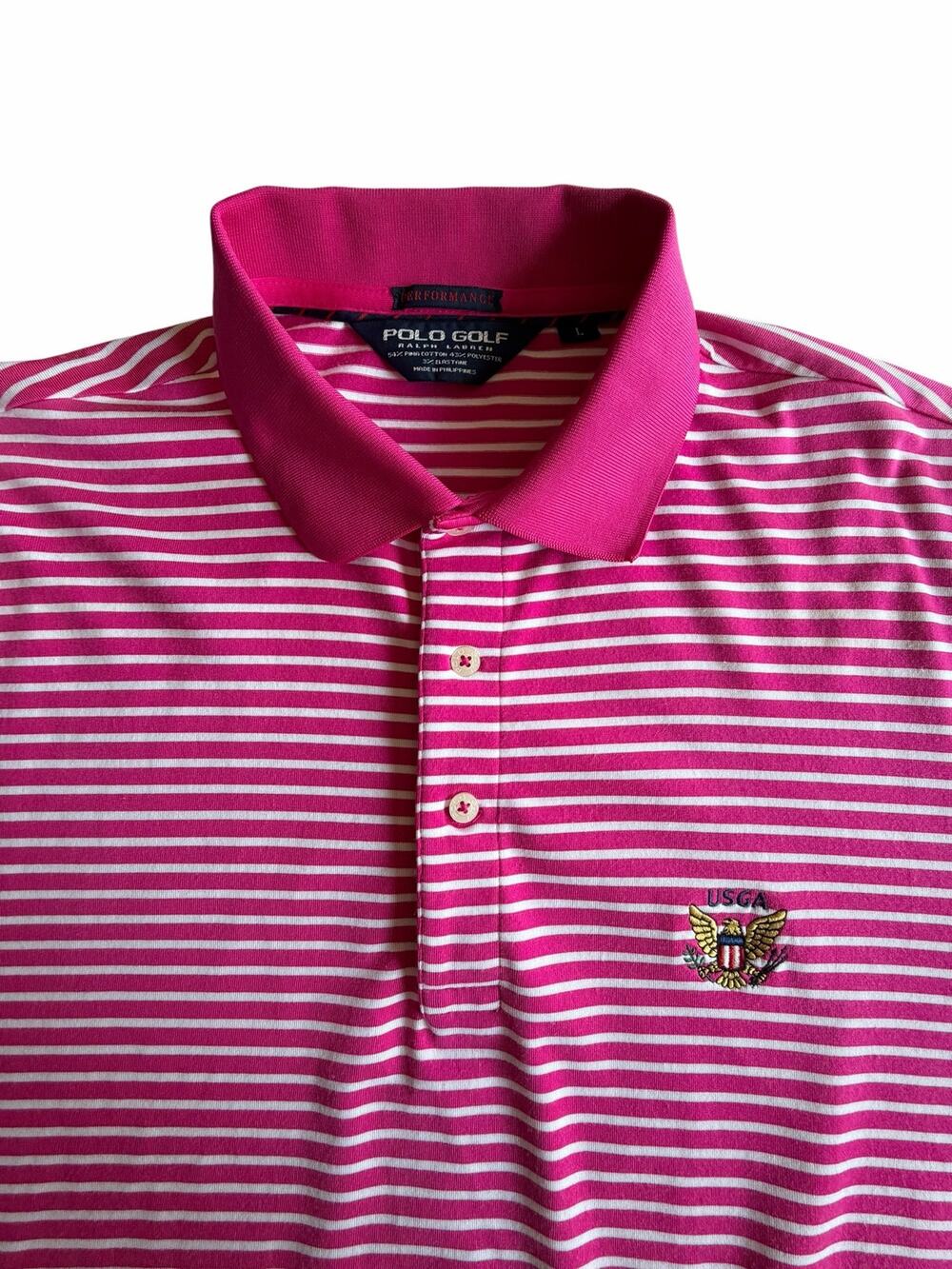Polo Golf Ralph Lauren Pink White Striped VTG USGA Polo L Preppy CountryClub Y2K